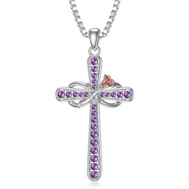 Cross Necklace for Women Sterling Silver February Birthstone Necklace Amethyst Pendant Necklace Rose Flower Infinity Cross Necklace Religious Jewellery Birthday Gifts for Girlfriend Wife
