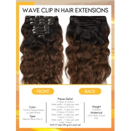 Caliee Natural Wave Curly Clips in Hair Extensions 14Inch T#1B/4 Natural Black Fading into Dark Brown 8A Grade Remy Human Hair Extensions for Black Women 120G 7Pcs with 17Clips