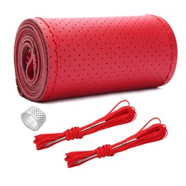 Ziciner Genuine Leather Steering Wheel Cover, Stitch on Wrap, Breathable Anti-Slip Car Steering Wheel Protector for Max Diameter 15 Inch, DIY Sewing with Needle Thread (Red, Hole)