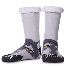 SDBING Mens Slipper Socks with Grippers Winter Warm Cozy Thick Fuzzy Indoor Fluffy Home Socks (Gray Wolf, 6-10)