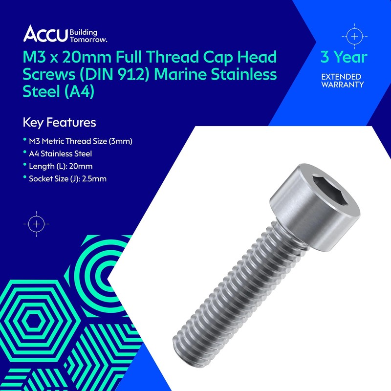 Accu - M3 x 20mm Full Thread Cap Head Screws