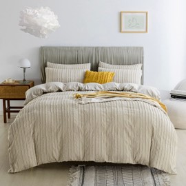 JELLYMONI Cream Grey Duvet Cover Queen Size - 3PCS Microfiber Tufted Duvet Cover Set, Boho Striped Tufted Textured Duvet Cover with Corner Ties & Zipper Closure