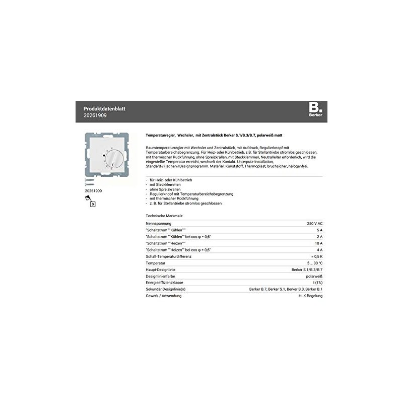 Hager – Plate Series 1/B1/B3/B7 Thermostat with Switch Polar White