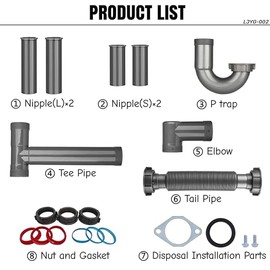 Garbage Disposal Installation Kit, Complete Kitchen Sink Drain Pipe Kit for Double Bowl Sink, 1-1/2" Plumbing, Wall Mount or Floor Drain, Includes Elbow, P trap, Flange, Gasket and Adjustable Tailpipe