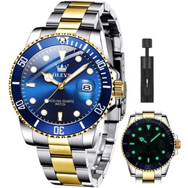 OLEVS Men Watch Gold Blue Watches for Men Waterproof Date Analog Quartz Luxury Casual Fashion Men's Wrist Watches Pro Diver Two Tone Men‘s Watch Dress Big Face Relojes para Hombres