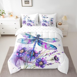 Feelyou Dragonfly Bed in a Bag King Size, Purple Floral Dragonfly 7 Piece Bedding Set for Boys Girls Animal Comforter Set with Sheets Bed in a Bag with Comforter, Sheets, Pillowcases & Cushion Cover