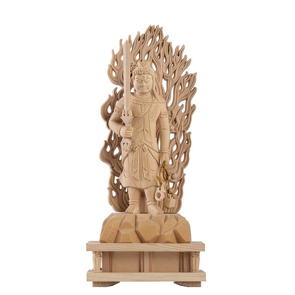 Traditional Sculpture Buddha Statue Fudo Myoo Fudoson Buddhist Altar Buddha Statue Cypress Wooden 3.5 inches (3.5 cm), Raw Wood Base, Flame Reflection, Year of the Rooster Protector, Protection of