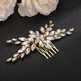 Teyglen Crystal Bride Wedding Hair Comb Hair Accessories With Rhinestone Bridal Crystal Hair Side Comb Handmade Red Blue Green Black Rhinestone Hair Pieces Vintage Headpieces for Women Girls (Gold)