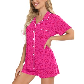 SWOMOG Womens Button Down Pajamas Set Short Sleeve Sleepwear Bride Soft Pj Lounge Sets XS-3XL Hot Pink Leopard Medium
