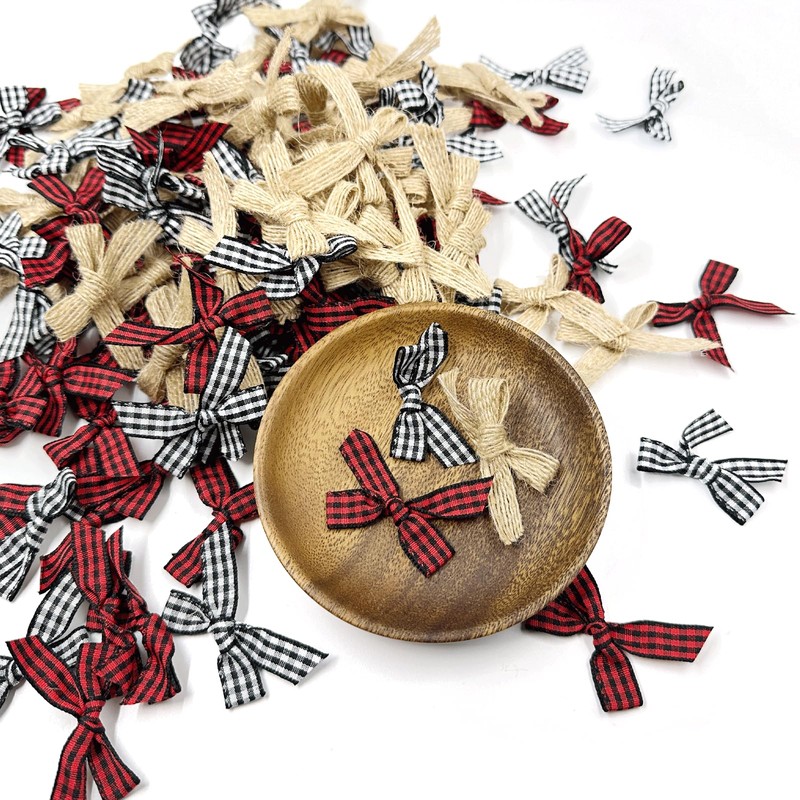 150PCS Mini Buffalo Plaid Burlap Bows, Red Black White Checkered