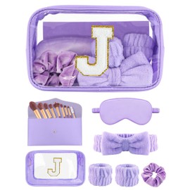 Gift Sets for Women, Initial Makeup Bag with Makeup Brush Set Bachelorette Party Favors, Purple Spa Kit with Skincare Headbands Wrist Bands Sleepover Party Supplies Gifts for Teen Girls Bridesmaid J
