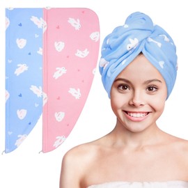 Basumee Microfiber Hair Towel Wrap for Kids 2 Pack Rapid Drying Hair Towel with Button Hair Turbans for Wet Hair Wraps Head Towel Wrap for Women and Girls