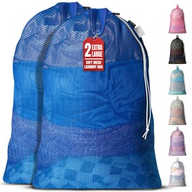 Bolsas de lavandería grandes de malla, paquete de 2 resistentes con asas y cordón, sacos de lavandería lavables a máquina para recámara universitario, campamento, viajes, ropa de cama y almacenamiento