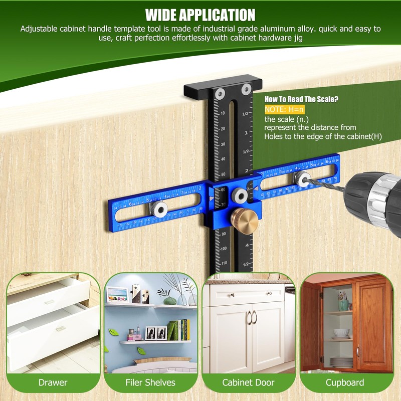 Poiyham Cabinet Hardware Handle Jig, Adjustable Cabinet Hole Drilling Template