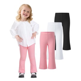 ZUEMET 3 Pack Toddler Girl Flare Pants Baby Girls Ribbed Leggings Infant Bell Bottoms Clothes Size 2T Black+White+Pink