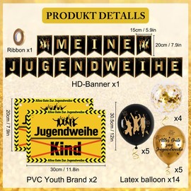 Jugendweihe Deko, Jugendweihe 2025 Deko Schwarz Gold Junge Mädchen, Alles Gute zur Jugendweihe Luftballons mit Schild zur Jugendweihe, Meine Jugendweihe Banner, Gastgeschenke Jugendweihe