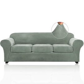 PrinceDeco PriceDeco Velvet XL Couch Cover for Oversized Sofa 4 Piece Sofa Covers for 3 Cushion Couch Washable Furniture Protector with Non Slip Elastic Bottom Width Up to 97 Inch(X-Large, Seagrass)