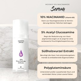 MOONYS® 10% Niacinamide Serum with 5% Acetyl Glucosamine 50 ml / Pore Refining Serum / Polyglutamic Acid / Niacinamide Booster as Face Serum for Blemished Skin - Made in Germany