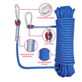 Outdoor Climbing Rope Diameter 10mm Outdoor Static Rock Climbing Rope, High Strength Cord Safety Rope Braid Nylon Rope, Escape Rope Fire Rescue Parachute Rope with 2 Carabiner, Blue Length 10m