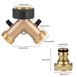 2 Way Garden Hose Splitter,Garden Hose Splitter, Y Valve, 2-Way Tap Connector with Individual On/Off and Two Quick Connector, 3/4" Tap Y Splitter Brass Hose Connector(2 Way Splitter)
