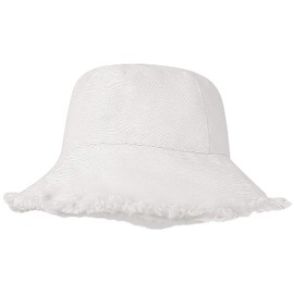 Frayed-Edge-Bucket-Hat-Summer Distressed-Beach-Sun-Hat-for-Women Men Teens Girls- Floppy Wide-Brim Fisherman Cap(Size: 7 1/8) White