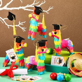Poen 6 Sets Graduation Donkey Piñata 2025 with Cap 7" x 3.5'' Rainbow Donkey Pinatas for Graduation Party Decorations Mini Graduation Hat and Card for Graduation Classroom Fiestas Party Supplies