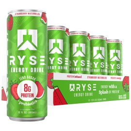 RYSE Functional Energy Drink - Strawberry Watermelon - 150mg Natural Caffeine, 8g Whey Protein & 1g Prebiotics - Sugar Free, Gut-Friendly, Bloat-Free - 12 fl oz Cans (12-Pack)