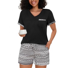 Jahetuul Women's Short Pyjamas, Women's Summer Pyjamas for Women, Sleepwear, Women's Short Shorty Pijamas Sleep Shorts, Unique Pattern, Black (black-2), L