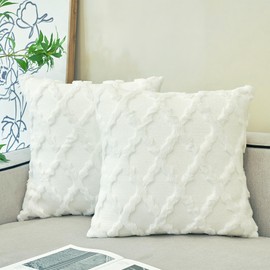 Ci & Ci Set of 2 Boho Decorative Cushion Covers, 40 x 40 cm, Cream White Cushion, Sofa Cushion, Decorative Cushion, Fluffy Cushion Covers for Sofa, Couch