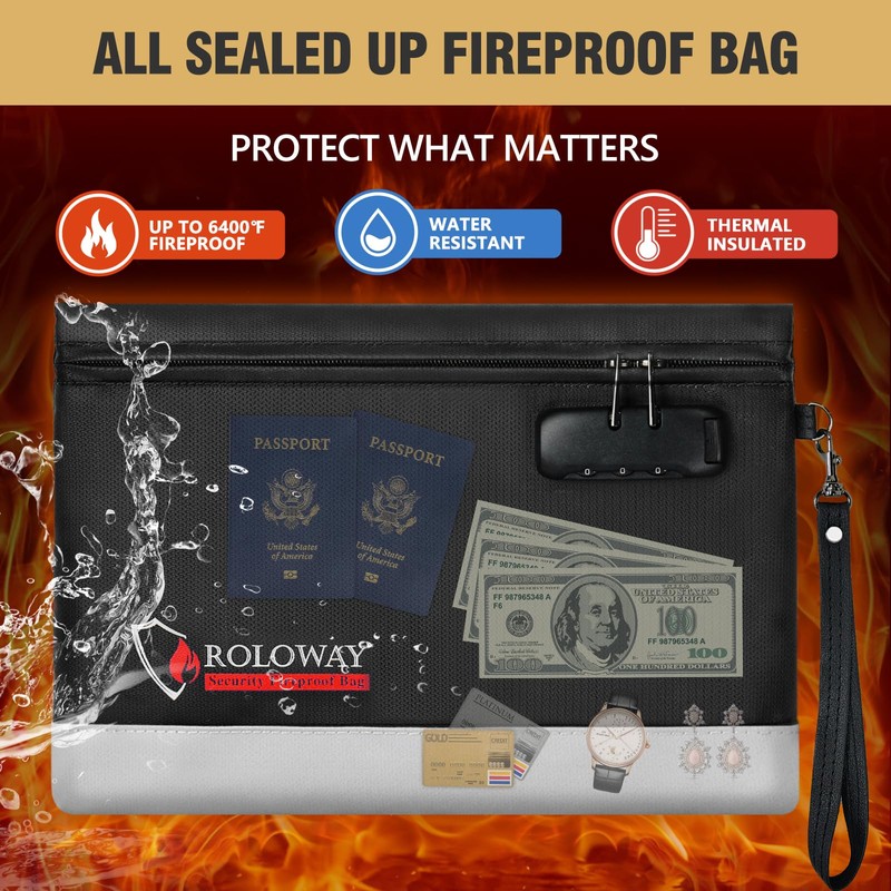 ROLOWAY Fireproof Money Bag with Lock for Cash, 6400°F Fire