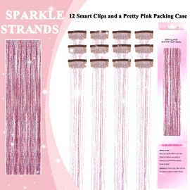 USHUIUS Hair Tinsel Clip in 12Pcs Pink Tinsel Hair Extensions, Clip in Hair Tinsel Fairy Glitter Hair Tinsel Kit Heat Resistant Sparkly Hair Accessories for Girls Women Kids (PINK)