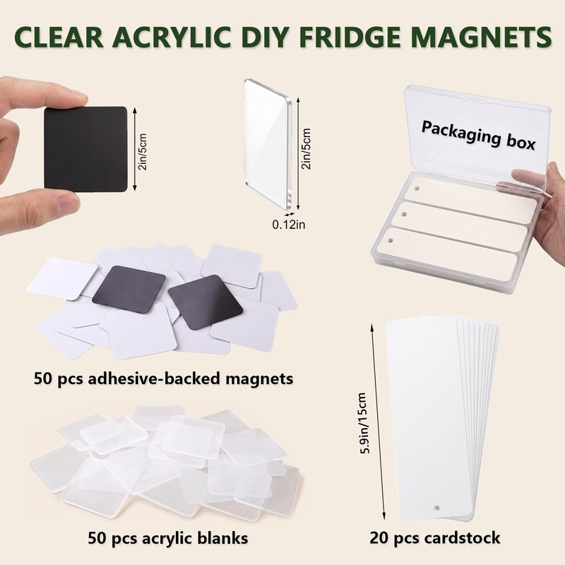 50PCS DIY Fridge Magnet Kit, 2 Inch Square Clear Acrylic