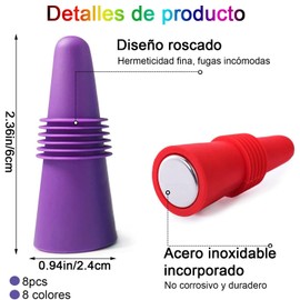 Tapon para Vino Silicona, Paquete de 8 Corchos para Botellas de Vino de Colores de Reutilizable, Tapones para botellas de vino, Tapa de botella de Vino para Mantener el Vino Fresco, Tapón de botella