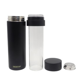 DEDEYA 15oz Stainless Steel Vacuum Insulated Water Bottle with glass liner inside,glass lined thermos with tea strainer for Hot drink and Cold drink-Leakproof car mug(Black,tea strainer)