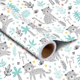 LeZakaa Gift Wrapping Paper Roll - Cartoon Design of Leopard in Jungle for Birthday, Baby Shower for Kids, Girl, Boy - 17 inches x 32.8 Feet (46.45 sq.ft.)