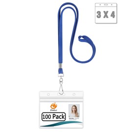 Nametag Badge Holders with Lanyard 3x4 Horizontal Badge Holder Waterproof PVC ID Cards by ZHEGUI (Royal Blue, 100 Pack)
