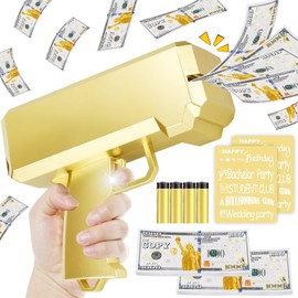 Gold Money Gun Shooter and 201 PCS Props (No Real Function) and 5 Style Stickers and 4 AA Batteries, Money Gun That Shoot Money, Make It Rain Money Thrower Gun Handheld Fake Gun Toy Party Supplies