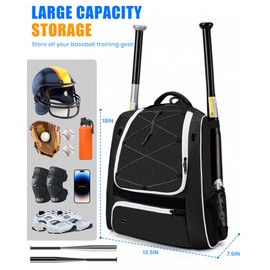 Hsmihair Youth Baseball Bag-Baseball Backpack for T-Ball&Softball Equipment with Fence Hook,Bat&Glove Holder,Large Main Compartment for Helmet,Accessories,Shoes Compartment (Black)