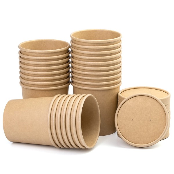 BUOKKON 16 oz 25 Pack Brown Kraft Disposable Soup Cups, Ice Cream Cups, Disposable Soup Cups Containers with Lids, Ice Cream Tubs Paper for Hot Soup