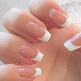 Pure Handmade Press On nails 10pcs Press on Nail Reusable Fake Nails Square Stick on Nails French Tip False Nails For Girl Women Daily Party (Q124, M)