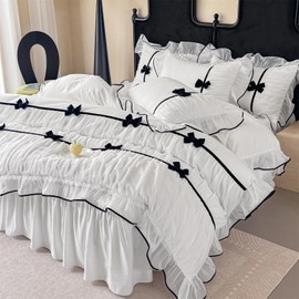 Ruffle Beddding Set with Bowtie,Chic Lace Bedding,Girls Twin Aesthetic Comforter Cover Set,Romantic French Princess Style Ruffled Duvet Cover with Lovely Bow with Zipper Closure