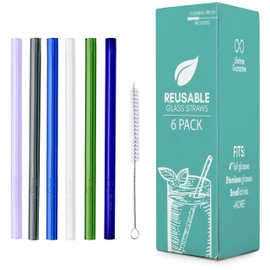 Simply Straws 6 Inch Glass Straws Straight (6-Pack) – Reusable Glass Straws for Low Balls & Stemless Glasses, with Cleaning Brush – Dishwasher Safe, Hot & Cold Use, BPA-Free (Seaglass)