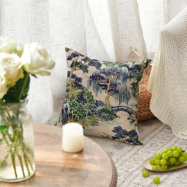AVOIN colorlife Chinoiserie Blue Trees House Bridge Grandmillennial Throw Pillow Cover, 18 x 18 Inch Spring Summer Cushion Case Decoration for Sofa Couch Farmhouse