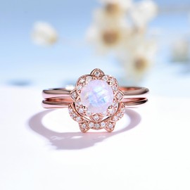 ITI KUOLOLIT Round 0.8ct Natural Moonstone Gemstone Genuine 925 Sterling Silver Ring for Women Women's Ring for Wedding Engagement Promise (Moonstone-Rose, 6)