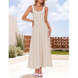 ZESICA Womens 2026 Summer Sleeveless Striped Midi Dresses Casual A Line Swing Knit Long Dress Beach Vacation Clothes,Apricot,Medium