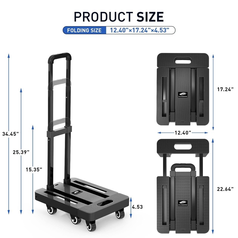 SPACEKEEPER Folding Hand Truck, 500 LB Heavy Duty Luggage Cart,