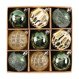 DecorbyHannah Christmas Ornaments, Green Gold Christmas Tree Decoration, 9ct 60mm Shatterproof Hanging Geometric Christmas Ball Ornament for Tree, Home Indoor Party Decor