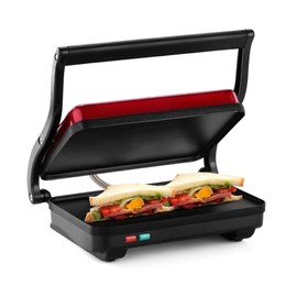 Holstein Housewares 2-Slice Electric Griddle, Non-Stick Sandwich Maker with Adjustable Temperature, Cool-Touch Handle, Metallic Red