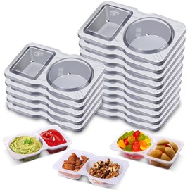 Qewro 15 Sets Double Compartment Condiment Container With Lids, Reusable Snack Container for Sauces and Snacks, Disposable Snack Containers, Ideal for On-the-Go Meals and Parties