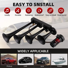 Cenzhiwen Train Horn Kit 12V 150db Super Loud, Drill horn Metal Air Horns replacement 4 Trumpet with compressor suitable for pickup/motorhome/SUV/truck/train/boats and other cars (4-Trumpet)